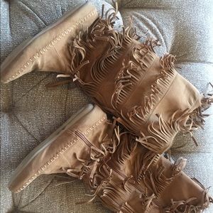 Tan fringe tall boots size 7.5 but they run large.